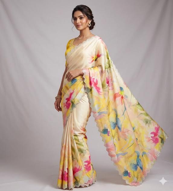 A woman models a cream-colored silk saree with a vibrant yellow, pink, and blue floral print, posed against a neutral gray studio backdrop.