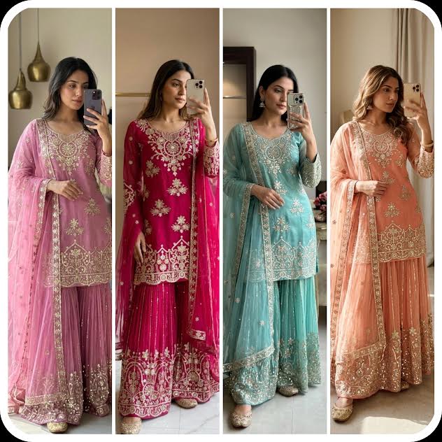 Four women wearing traditional embroidered dresses in pink, red, blue, and peach.