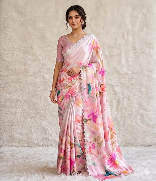 A woman models a light pink floral saree with a matching pink embroidered blouse, standing against a textured white wall and white rug.