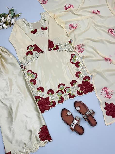 Cream Roman Glass Silk Embroidered Kurta Pant Set