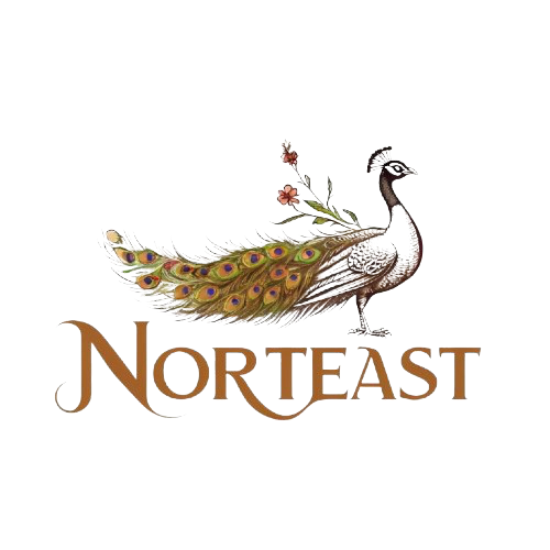 Logo with a peacock and floral elements on a white background, featuring the brand 'Norteast'.
