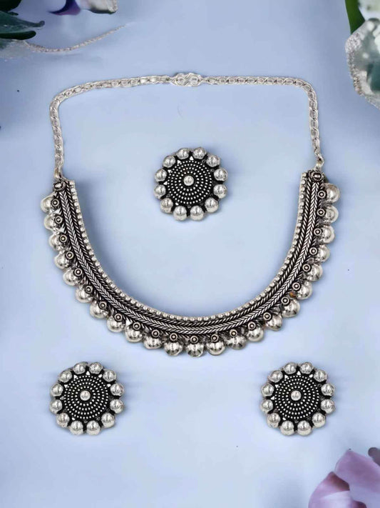 Oxidised Silver Plated Pearl Necklace Set Earring - My Store